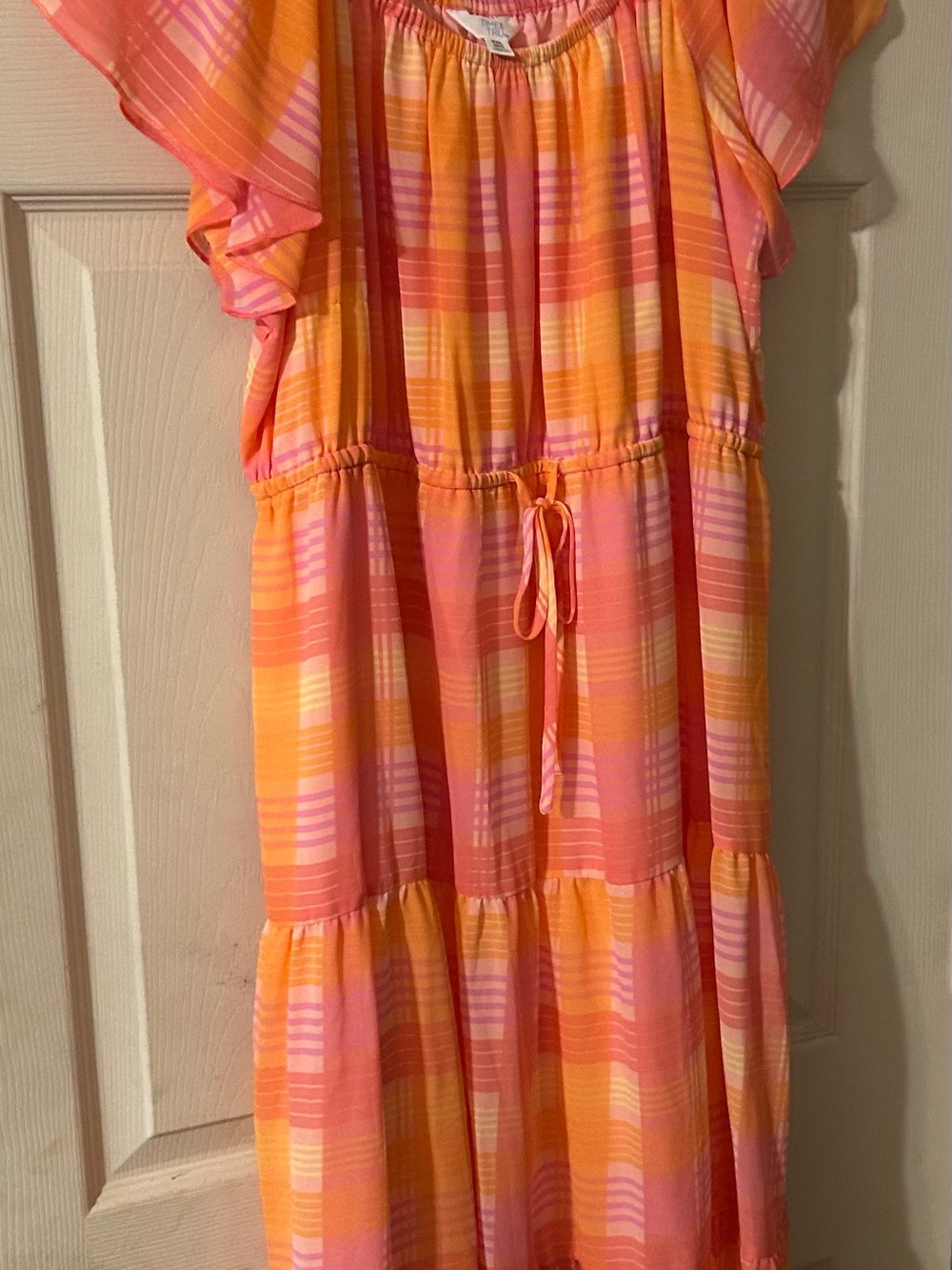 Women’s Pink & Orange Plaid Tiered Dress - Elastic Waist with Tie